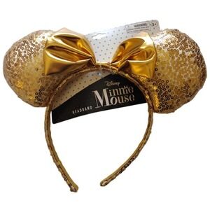 Disney Minnie Mouse Gold Sequined Ears Headband Yellow Gold Bow‎ NWT 3+